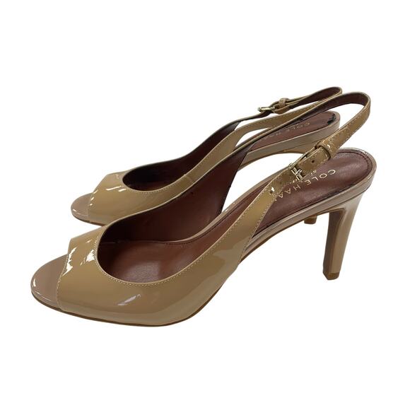 NWD Cole Haan Juliana Slingback Patent Leather Peep Toe Heel Maple Sugar 6.5 - Picture 2 of 6